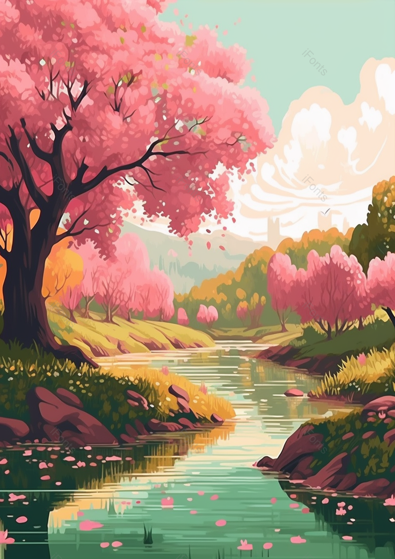 白云下的绿色草地河流和开满粉色花朵的树木,插画/手绘图,插画/手绘图库,插画/手绘图下载,插画/手绘